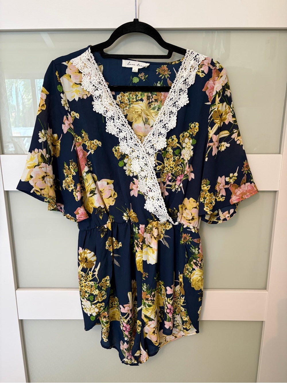 Love Tree Navy Floral Wrap Tunic with White Lace Trim